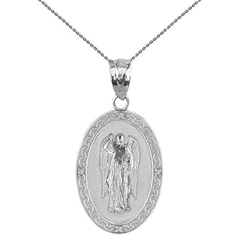 Sterling Silver Saint Gabriel The Archangel CZ Oval Medal Necklace (1"), 16"