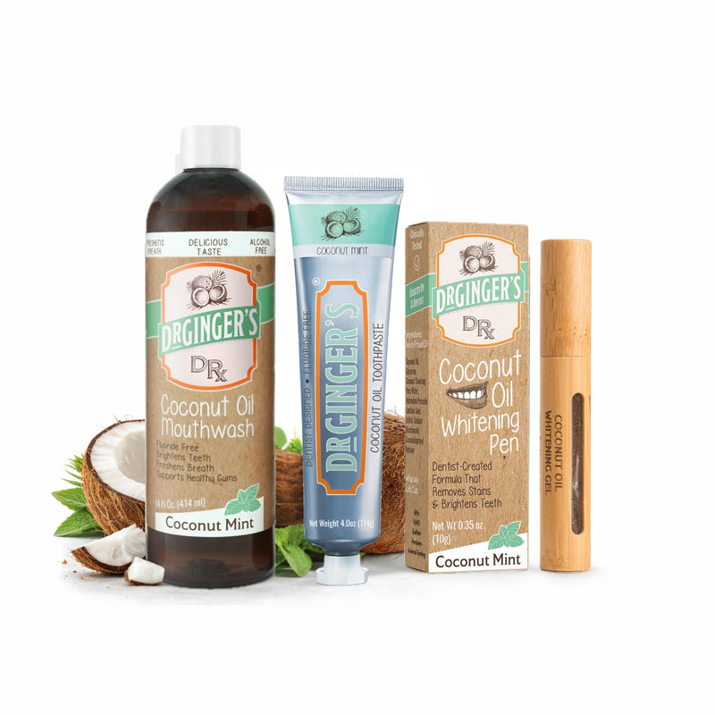 Dr Ginger’s Coconut Oil Teeth Whitening Bundle, Coconut Mint (3-Piece Set) – Fluoride-Free Toothpaste 4oz + Alcohol-Free Mouthwash 14 fl oz + Whitening Pen 0.35 oz, Perfect for Sensitive Teeth & Gums