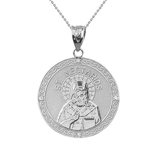 Sterling Silver Saint Nectarios of Aegina CZ Round Medal Pendant Necklace (1.15"), 20"