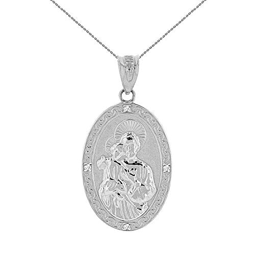 925 Sterling Silver Saint Joseph Medallion CZ Oval Pendant Necklace (1") 18.0 Inches