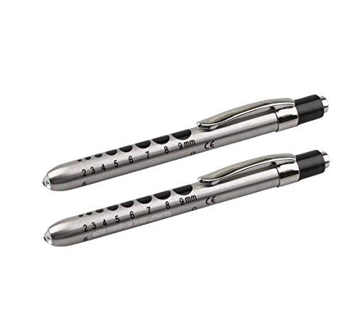 [Australia - AusPower] - EMI 2 Pack - Stainless Steel Diagnostic Pen Lights with Pupil Gauge and Click Trigger - Silver EPL-935-2 Medical Penlights 