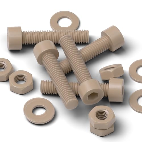 Caterpillar Red 5-pack M4 x 20mm natural PEEK socket head screws with nuts and washers