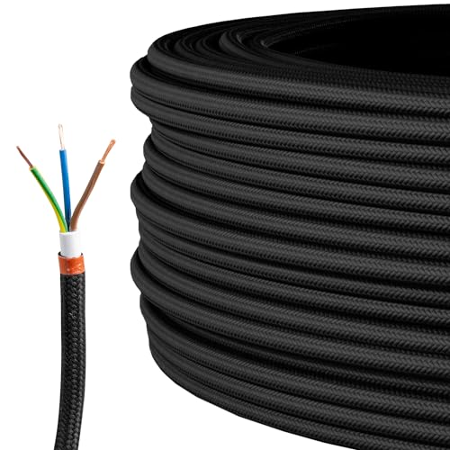 Textile Cable for Lamps, Textile-Coated Round Cable, Three-Core, 3 x 0.75 mm², Gold, black 5 metres