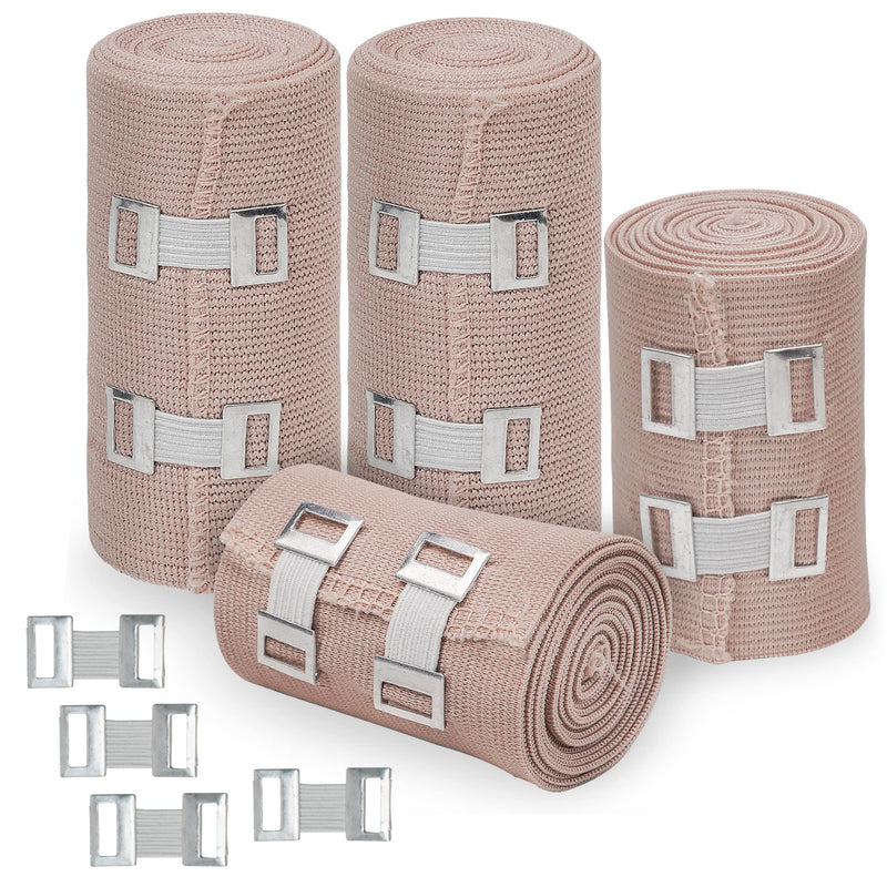 [Australia - AusPower] - D&H Medical Elastic Bandage Wrap  4 Pack Premium Compression Bandage Rolls + 4 Extra Clips | 2 Rolls of Each Size (4 Inch x 5 Feet & 3 Inch x 5 Feet), Elastic Bandage for Wrist, Calf, Ankle & Foot 4 Piece Set 
