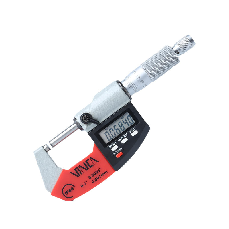 VINCA Absolute IP64 Origin Digital Micrometer, DMCA-0105 0-1"/0-25mm, 0.00005" /0.001mm Resolution, Hold Function, Carbide Tip 0-1"/25mm