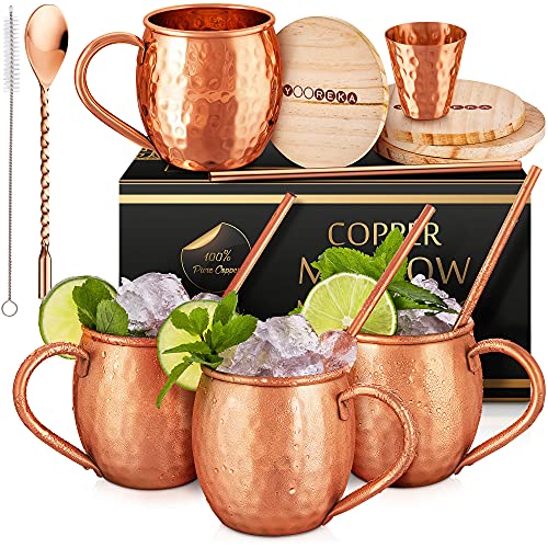Yooreka Gift Set Moscow Mule Mugs Set Of 4 16 oz Solid Cooper, 100% Pure Copper Cups HANDCRAFTED, BONUS 4 Straws, 4 Wood Coasters, Stirring Spoon, Shot Glass and Cleaning brush (Oval) Oval Cups