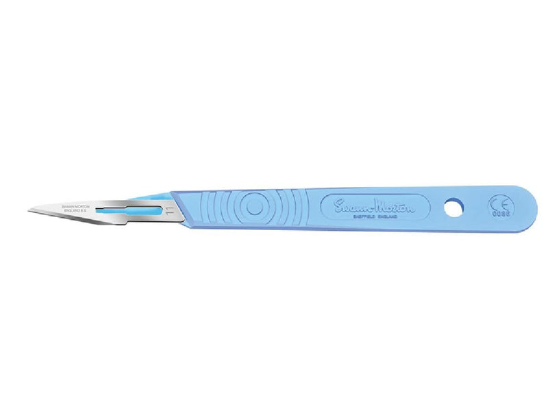 Swann-Morton - Sterile Disposable Scalpels with Graduated Plastic Handle and Stainless Steel Blade No. 11 - Box of 10 Individually Wrapped Scalpels - Blue Graduated handle scalpel Nr. 11