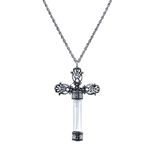 1928 Jewelry Crystal Cross Vial Pendant Necklace For Women 30", Perfect Keepake For Essential Oils, Cremation Ashes, Sand, Locks Of Hair