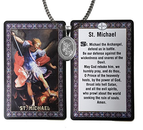 Catholic - 3 Pieces Set Saint Michael Medal Stainless Steel Medal Necklace +20" Chain and Holy Prayer Card