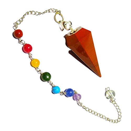 WholesaleGemShop Red Jasper Crystal Pendulum With Chakra Chain Healing Quartz 6 Facet Reiki Charged Bead End from