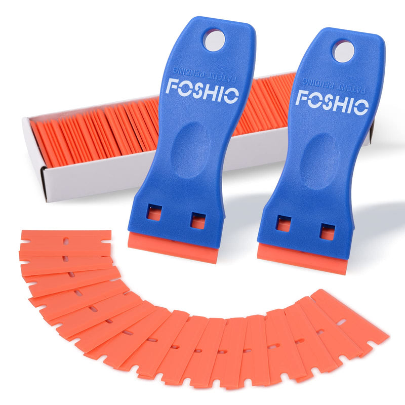 FOSHIO Plastic Razor Blade Scraper Include 2PCS Scraper Tool and 100PCS Blades for Gasket Remover, Labels Decal and Adhesive Remover for Windows and Glass,Blue Blue