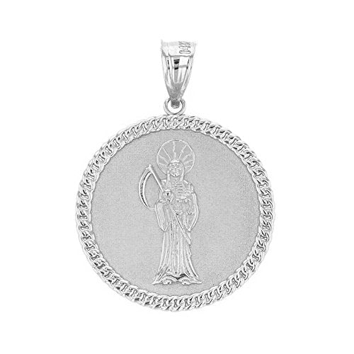 Claddagh Gold Sterling Silver Santa Muerte (Grim Reaper) Cuban Link Frame Medallion Necklace Pendant Only