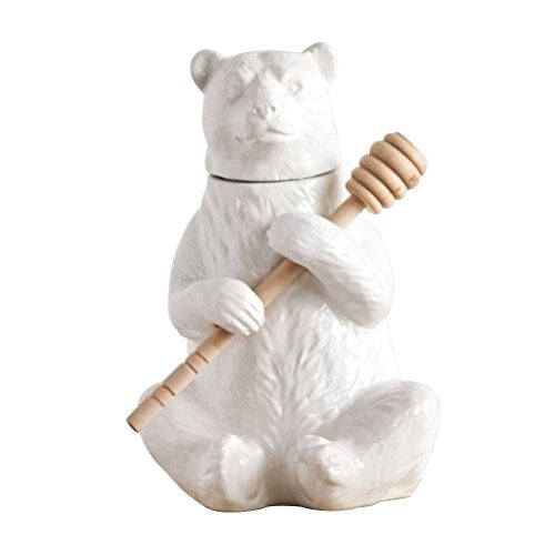 Creative Co-Op Ceramic Bear Shaped Honey Jar with Bamboo Honey Dipper, White 202.9 Ounces