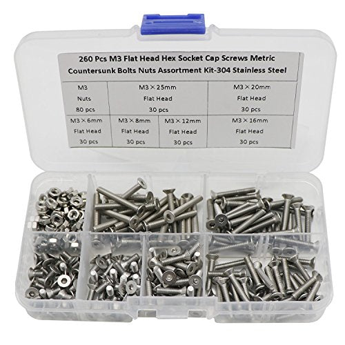 Zovfam M3 304 stainless steel hex socket flat head screws with nuts, 260-piece assortment set