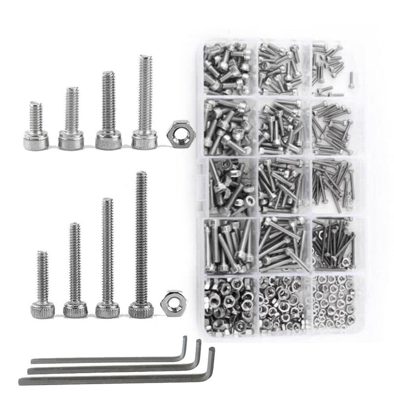 [Australia - AusPower] - 480 Pieces M2 M3 M4 304 Stainless Steel Hex Socket Cap Head Bolts and Nuts Assortment & Key Wrench Kit with Storage Box 