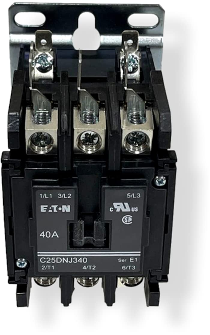 Eaton C25DNJ340B Definite Purpose Motor Control Contactor, Series E1, 3-Pole, Coil Voltage 208/240VAC 50/60Hz, 40A Inductive, 50A Resistive, Current Type AC, Use 75C Copper Wire Only