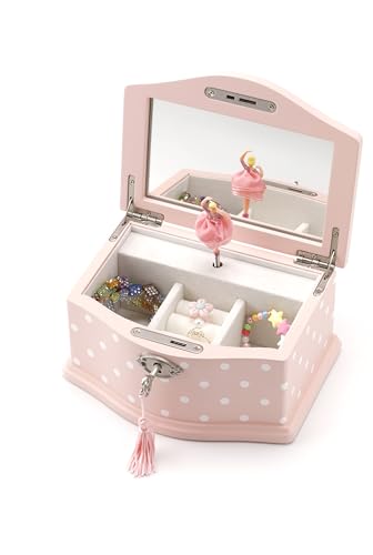 Elle Jewelry Box - Ballerina Jewelry Organizer and Swan Lake Wind-Up Music Box for Girls and Teens, Accessories and Keepsake Wooden Storage with Lock and Mirror, Charming Room Decor and Gift, Small Pink