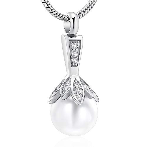 Memorial Jewelry Pearl Urn Necklace - Cremation Ashes Holder Keepsake for Women Silver