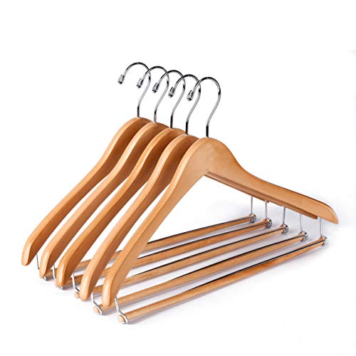 Quality Hangers Wooden Hangers Beautiful Sturdy Suit Coat Hangers with Locking Bar Glossy Natural Wood (5) 5