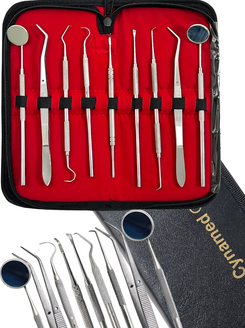 [Australia - AusPower] - GERMAN Dental Hygiene Kit 9 Piece Dentist Tools Anti Fog Mirror Dental Scaler Tarter Scraper Dental Pick Dental Tweezers for Calculus and Tartar Removal Gum Health Teeth Cleaning 