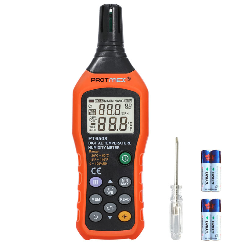 Protmex Digital Temperature Humidity Meter, Thermometer Hygrometer with Ambient Dew Point and Wet Bulb Temperature Indoor and Outdoor, Data Logger with Min/Max Hold, LCD Backlight, PT6508 Black+Orange