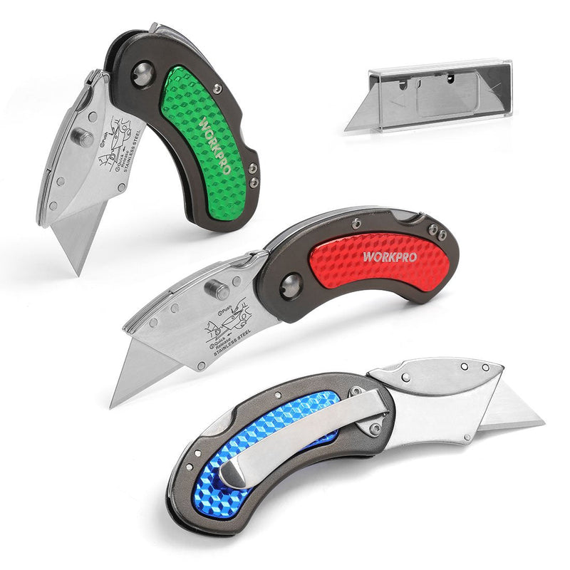 [Australia - AusPower] - WORKPRO Folding Utility Knife Set Quick Change Blade, Back-lock Mechanism 3-piece with 10-piece Extra Blades 