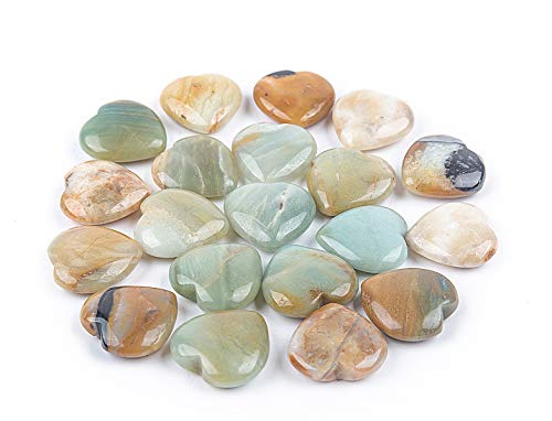 JIC Gem Set of 20 pcs 30mm Amazonite Healing Crystal Fluorite Heart Stones Love Carved Palm Worry Stone Energy Yoga and Decoration