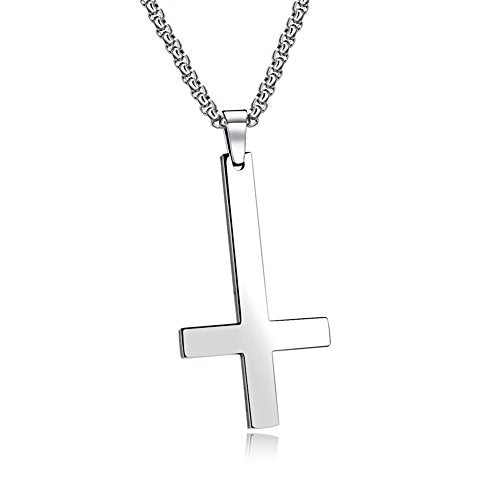 PAURO Men's Inverted Cross Upside Down Necklace Pendant Black Gold Silver Silver-Large