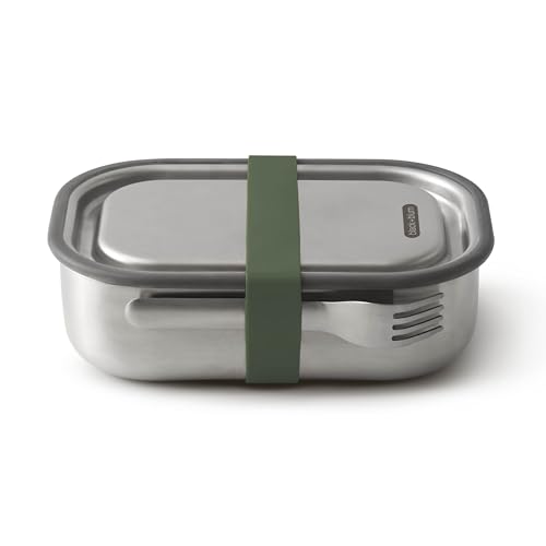 Black+Blum Stainless Steel Lunch Box | Leak Proof 3-in-1 Multi-Functional Plastic Free Vacuum Valve Bento Box with Compartment Divider and Accessories, Olive Solid