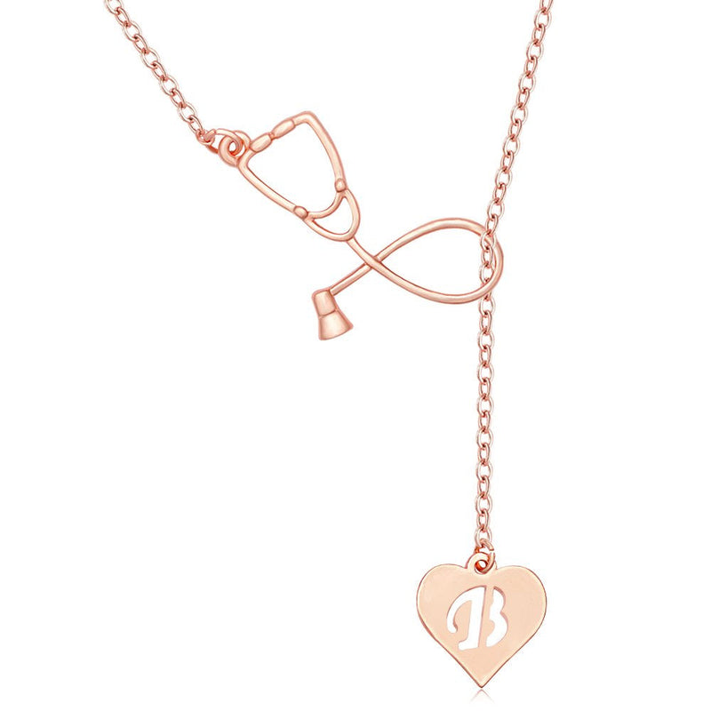 Rose Gold Plated Medicine Stethoscope Heart Initial Alphabet Letter Necklace for Doctor Nurse B