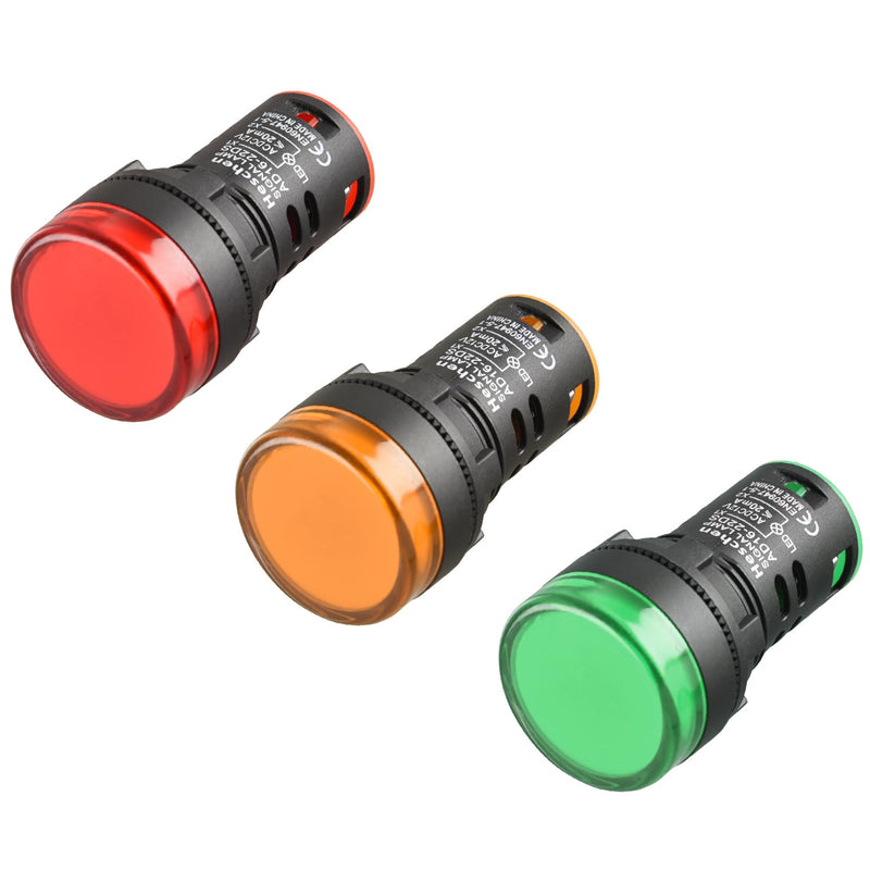 Heschen 22mm LED Indicator Light AD16-22D/S 12V DC 20mA Red/Green/Yellow Light Color (Pack of 3)