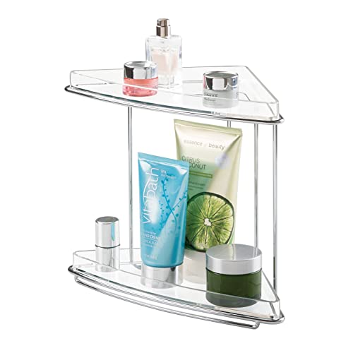 mDesign Steel/Plastic Freestanding Countertop Corner Shelf Organizer with 2-Tier Storage for Bathroom, Vanity, Cabinet, Counter - Holds Makeup, Bath Gel - Prism Collection - Clear Pack of 1