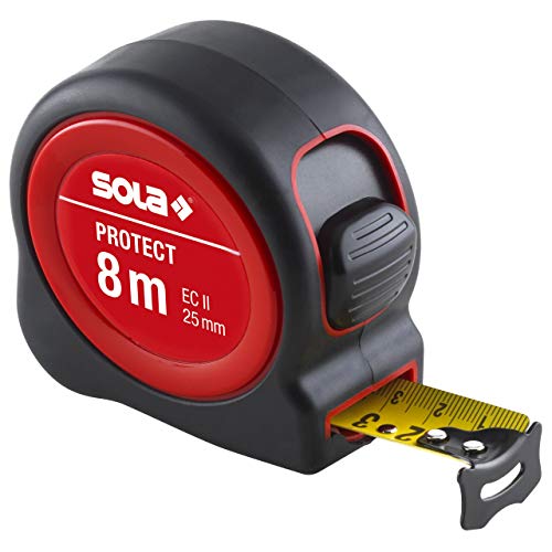 SOLA Protect Tape Measure 8 m / 25 mm – Robust Tape Measure with Belt Clip – Steel Tape Painted Yellow with mm Scale – Accuracy Class II – Roll Meter with Movable End Hook – Length 3 m, 5 m, 8 m 8m / 25mm