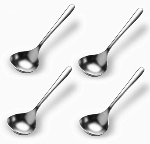 Set of four 6.7-inch Qualizon 18/8 stainless steel mini soup ladles, deep soup spoons for serving or cooking.