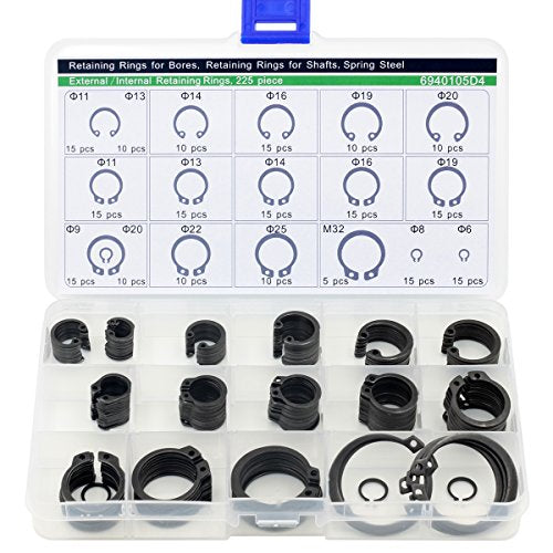 Huzstar internal and external retaining ring circlip assortment set with 225 pieces in storage case