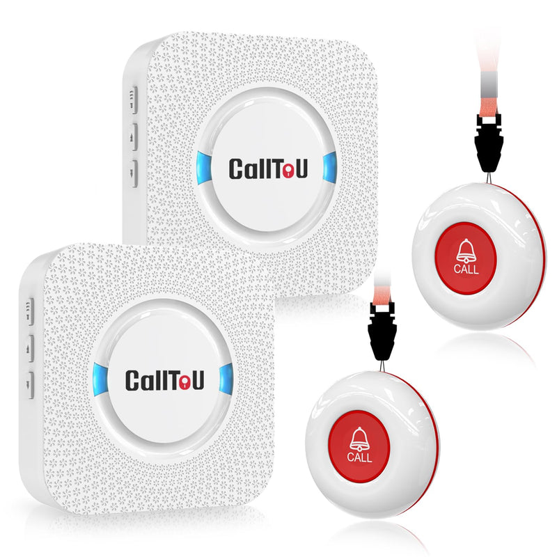 CallToU Wireless Caregiver Pager Smart Call System 2 SOS Call Buttons/Transmitters 2 Receivers Nurse Calling Alert Patient Help System for Home/Personal Attention Pager 500+Feet Plugin Receiver white 2+2