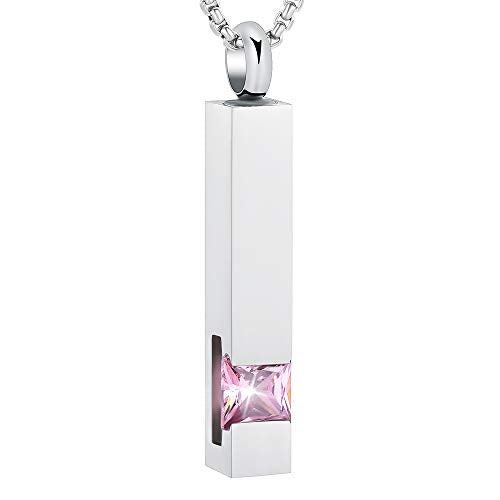 Oinsi Urn Necklaces for Ashes Crystal Cremation Urn Jewelry Birthstone Cube Urns for Human Ashes Memorial Ashes Necklace Pendant Keepsake CZ Bar Urn Locket for Men Women Sliver (Pink Stone)