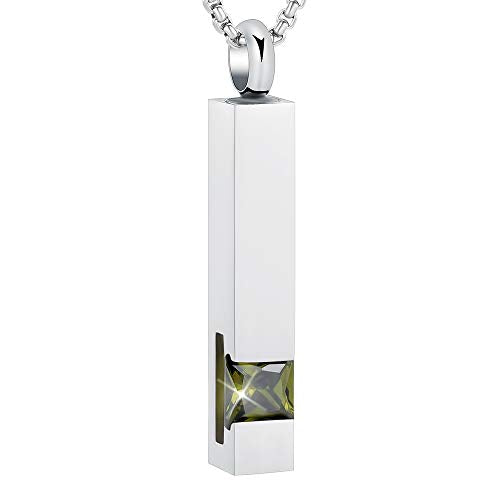 Oinsi Urn Necklaces for Ashes Crystal Cremation Urn Jewelry Birthstone Cube Urns for Human Ashes Memorial Ashes Necklace Pendant Keepsake CZ Bar Urn Locket for Men Women Sliver (Olive Green Stone)