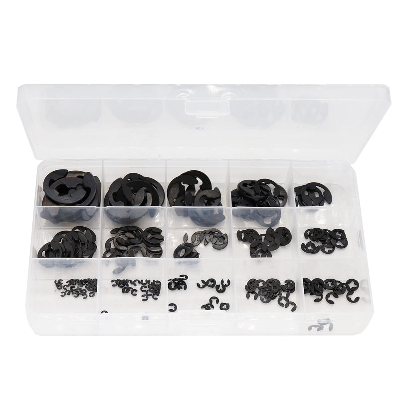 [Australia - AusPower] - binifiMux Metric E Clip External Retaining Ring Shop Assortment Kit, 225 Pieces 15 Sizes(1.2mm - 15mm) Black Steel E-clip Snap Ring Shop Assortment Kit Alloy Steel E Clip 