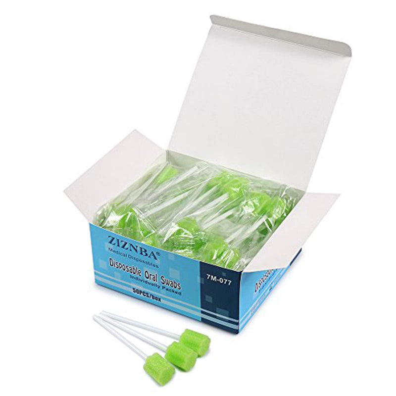 [Australia - AusPower] - (50 Pack) Disposable Oral Swabs, Sterile Dental Sponge Swabsticks Unflavored for Mouth & Gum Cleaning Green 