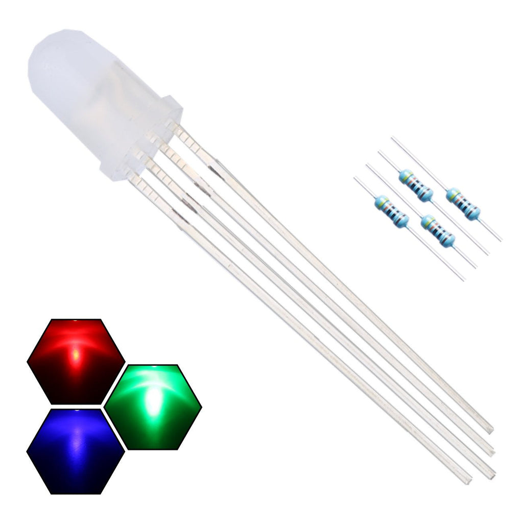 100pcs 5mm RGB Tri-Color (Red Green Blue Multicolor) 4Pin LED Diodes Common Cathode Diffused Round Lens 29mm Long Lead +300pcs Resistors (for DC 6-12V) Included,Light Emitting Diodes 5mm Constant Light [25] Rgb Tri-color (Common Cathode) / 100pcs