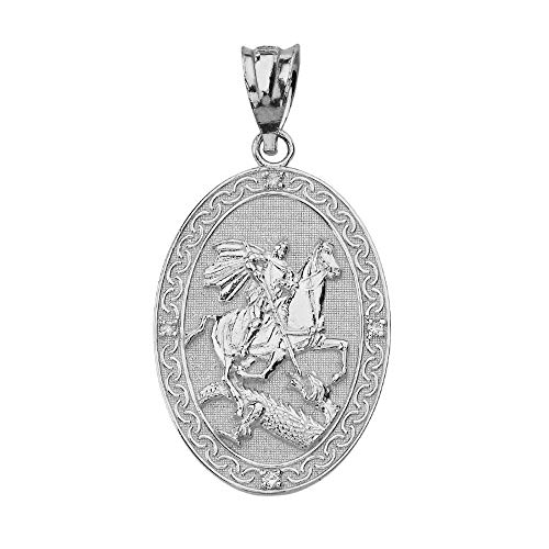 Fine 925 Sterling Silver Saint George Slaying the Dragon Oval Medal CZ Pendant (Small)