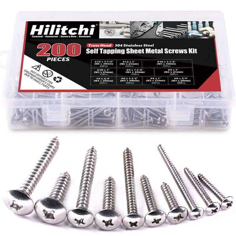 [Australia - AusPower] - Hilitchi 304 Stainless Steel Hex Washer Head and Phillips Truss Head Self Drilling Sheet Metal Tek Screws Assortment Kit (Phillips Truss Head) 