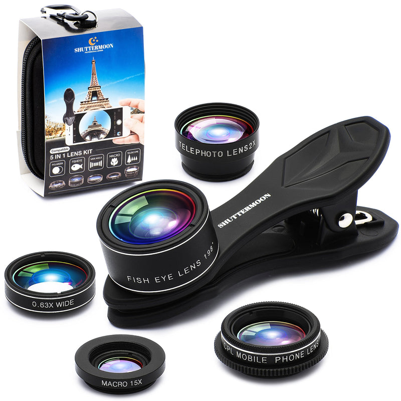 [Australia - AusPower] - Upgraded Phone Camera Lens Kit (5 in 1) - Macro Lens+Super Wide Angle Lens+Telephoto Zoom Lens+198 Fisheye Lens+CPL for iPhone, Pixel, Samsung, Android, Smartphones 5 in 1 