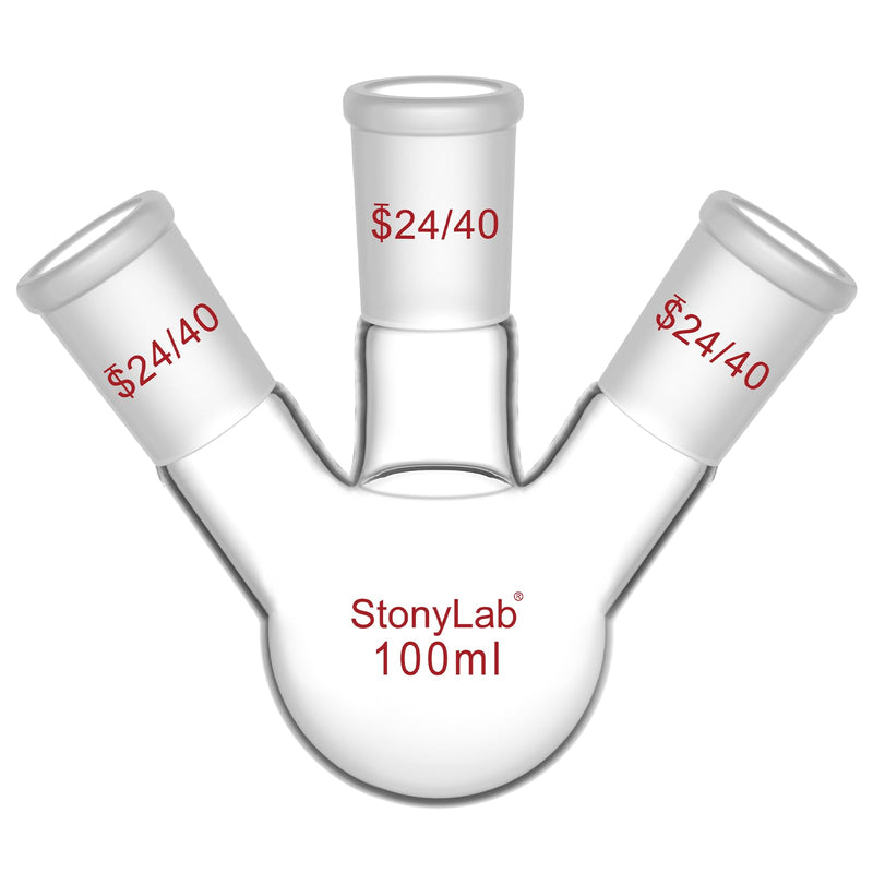 StonyLab Borosilicate Glass 3 Neck Round Bottom Flask RBF, with 24/40 Center and Side Standard Taper Outer Joint – 100ml 100 ml