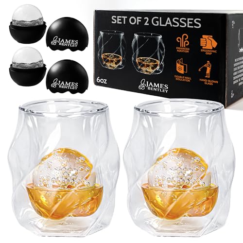 JAMES BENTLEY JB Whiskey Glasses, Set of 2 + 2 Slow-Melting Ice Ball Molds 6.0 ounces