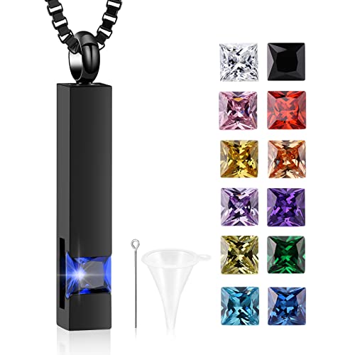 XSMZB Crystal Cremation Urn Jewelry Cube Memorial Ashes Necklace Pendant Keepsake- Black Birthstone Series Blue