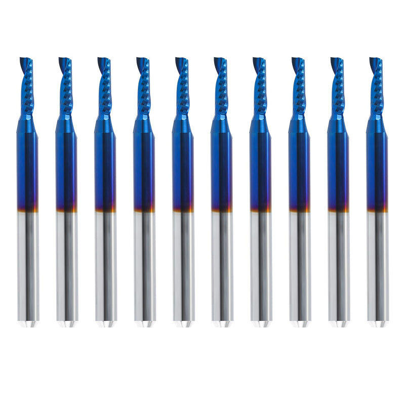 HQMaster 10 Pack O Flute CNC Router Bits, 1/8” Shank Spiral Upcut Single Flute End Mill Set Milling Cutter 2mm Cutting Dia. Tungsten Carbide Engraving Tool 8mm CEL, 38.5mm OAL for MDF Acrylic PVC 3.175 x 2 x 8 mm