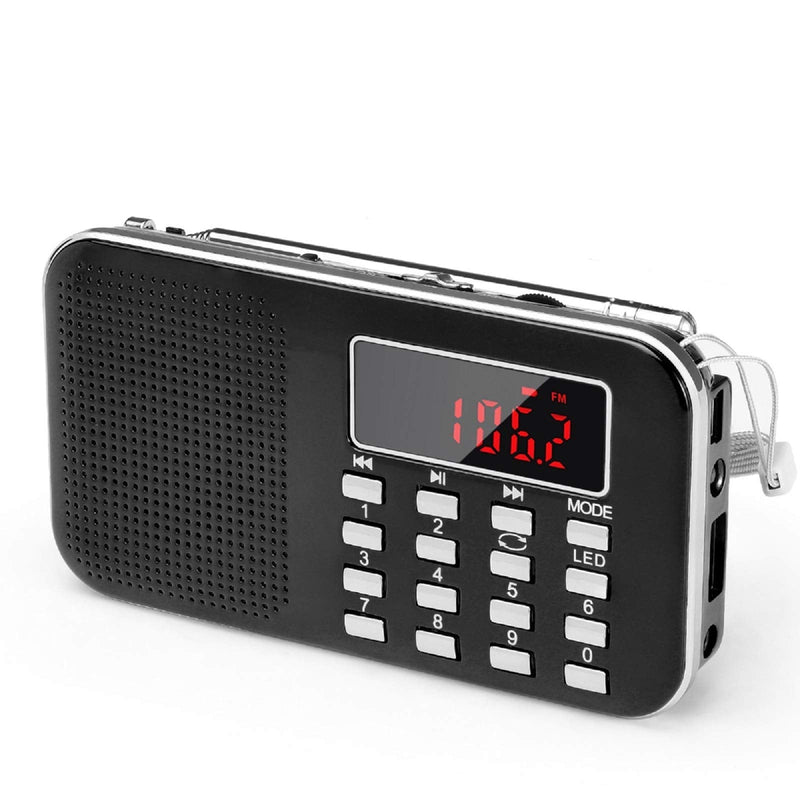 [Australia - AusPower] - Mini Portable Radio AM FM Pocket Radio with MP3, LED Flashlight, Digital Radio Speaker Support Micro SD/TF Card/USB, Auto Scan Save, 1200mAh Rechargeable Battery Operated, by PRUNUS[Latest Version] Black 