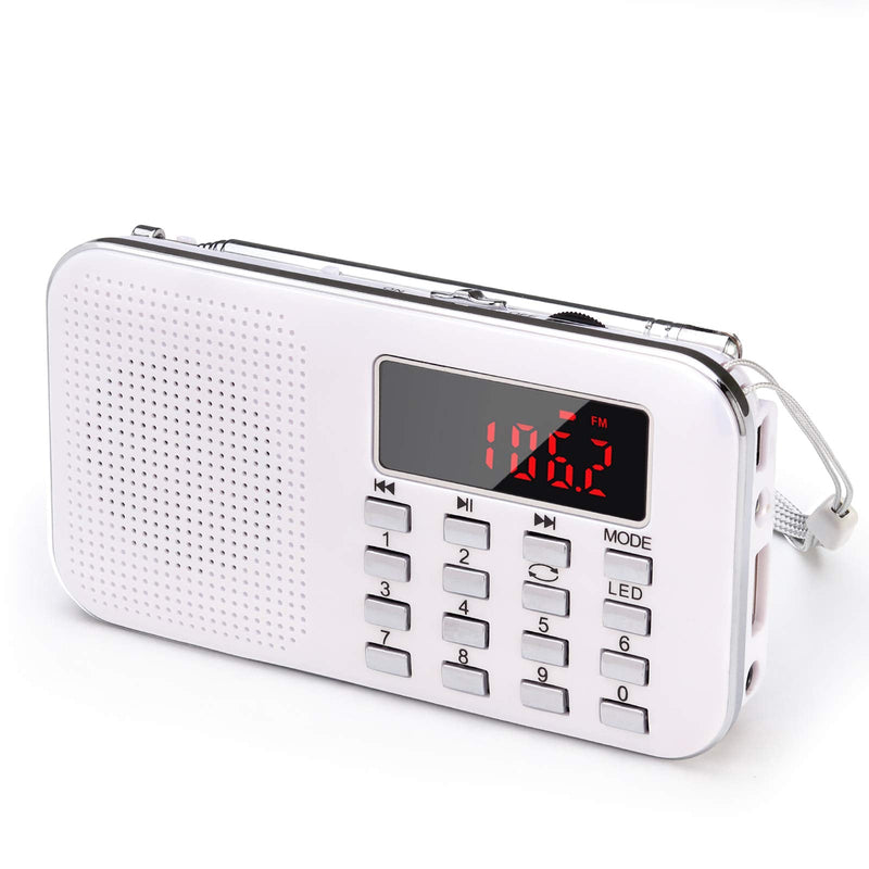[Australia - AusPower] - Mini Portable Radio AM FM Pocket Radio with MP3, LED Flashlight, Digital Radio Speaker Support Micro SD/TF Card/USB, Auto Scan Save, 1200mAh Rechargeable Battery Operated, by PRUNUS White 